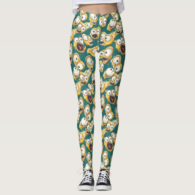 Galet gul monster marinblå Halloween Leggings (Framsida)
