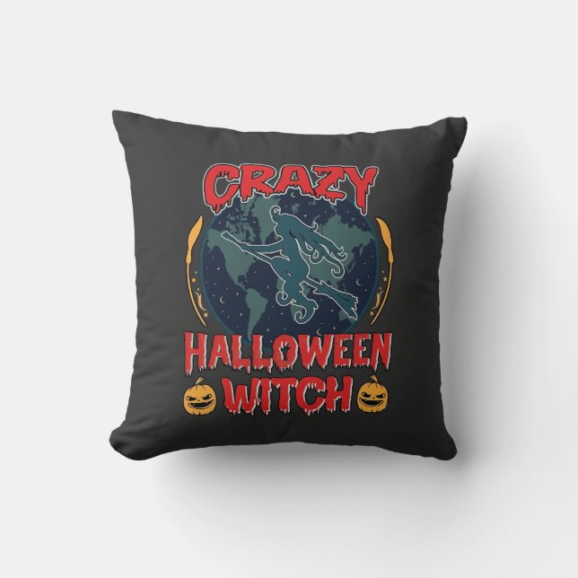 Galet Halloween Häxa Pumpa Flygande Måne Kuslig N Kudde (Framsida)