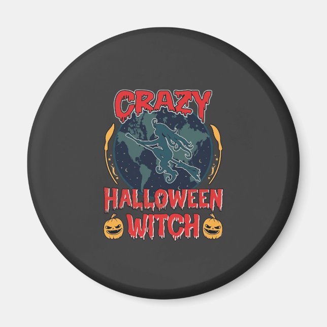Galet Halloween Häxa Pumpa Flygande Måne Kuslig N Magnet (Framsidan)