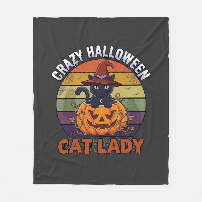 Galet Halloween Katt Dam Svart Pumpa Häxa Hatt Fleecefilt (Framsidan)