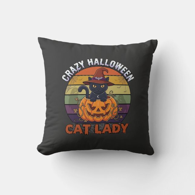 Galet Halloween Katt Dam Svart Pumpa Häxa Hatt Kudde (Framsida)