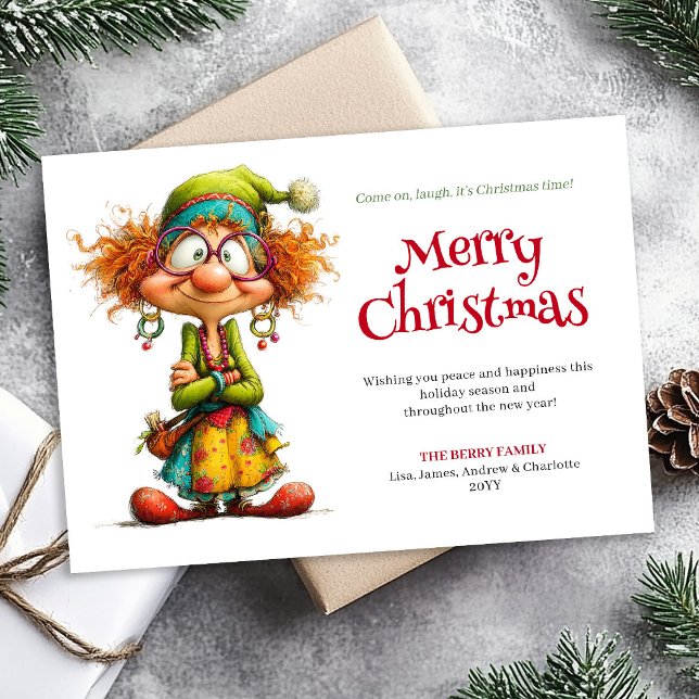 Galet Julkort för Kvinnor med Tecknad Bild (Crazy Cartoon Woman Editable Xmas Greeting Card)