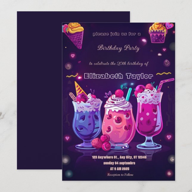 Galet Milkshake Party Inbjudan – Färgglatt Sött (Fram/baksida)