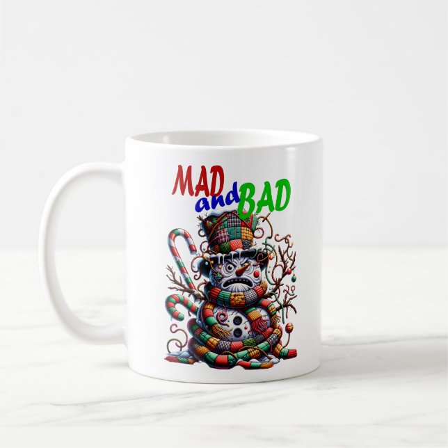 Galet och dåligt, grinig rolig snöman, fantasykons kaffemugg (Vänster)