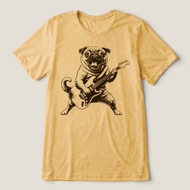 Galet Rockstjärna Pug Hund som sliter på Elgitarr T Shirt (Design Framsida)