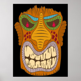Galet Tiki-huvud med lågor i hans ögon, svart Poster