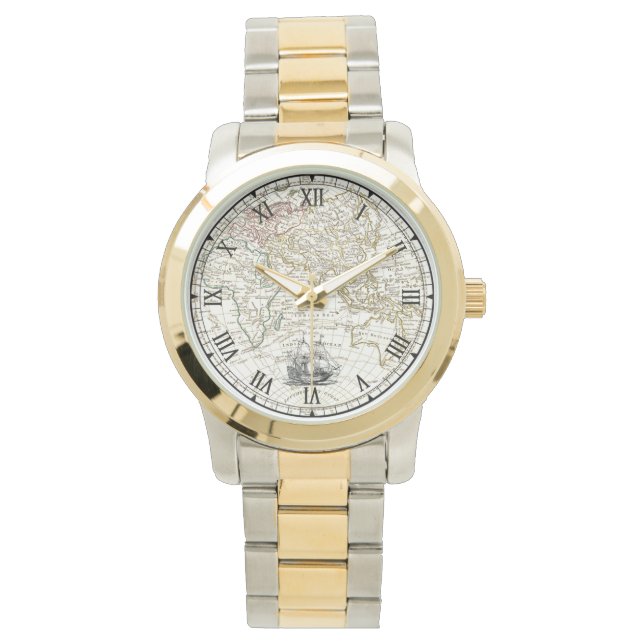 Galleon Sailing Frakt ~ 1789 Östra Hemisphere Kart Armbandsur (Framsida)