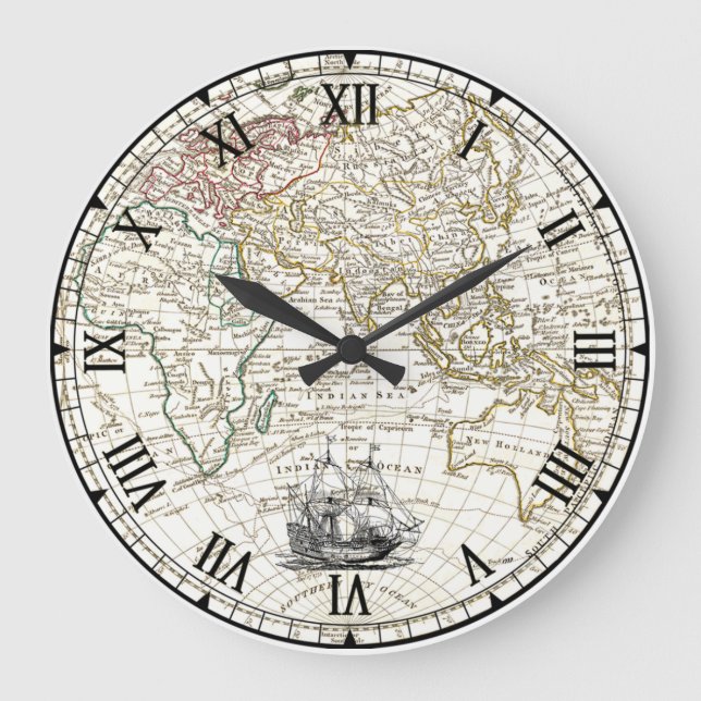 Galleon Sailing Frakt ~ 1789 Östra Hemisphere Kart Stor Klocka (Framsida)