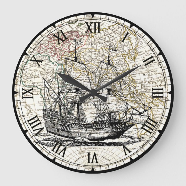 Galleon Sailing Frakt~1789 Östra Hemisphere Karta~ Stor Klocka (Framsida)