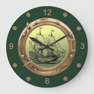 Galleon Sailing Frakt ~ Brass Porthole ~ Stor Klocka