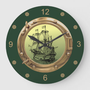 Galleon Sailing Frakt ~ Brass Porthole ~   Stor Klocka