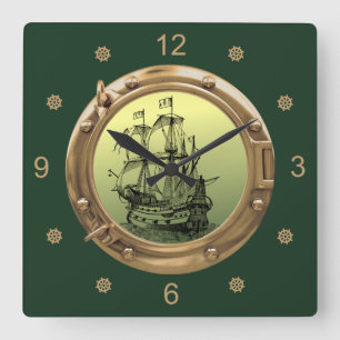 Galleon Segelfartyg ~ Mässing Porthole ~ Fyrkantig Klocka