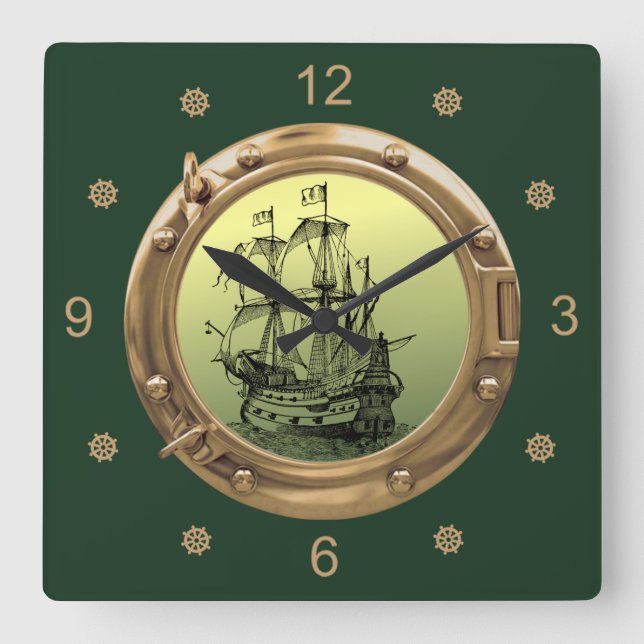 Galleon Segelfartyg ~ Mässing Porthole ~  Fyrkantig Klocka (Framsida)