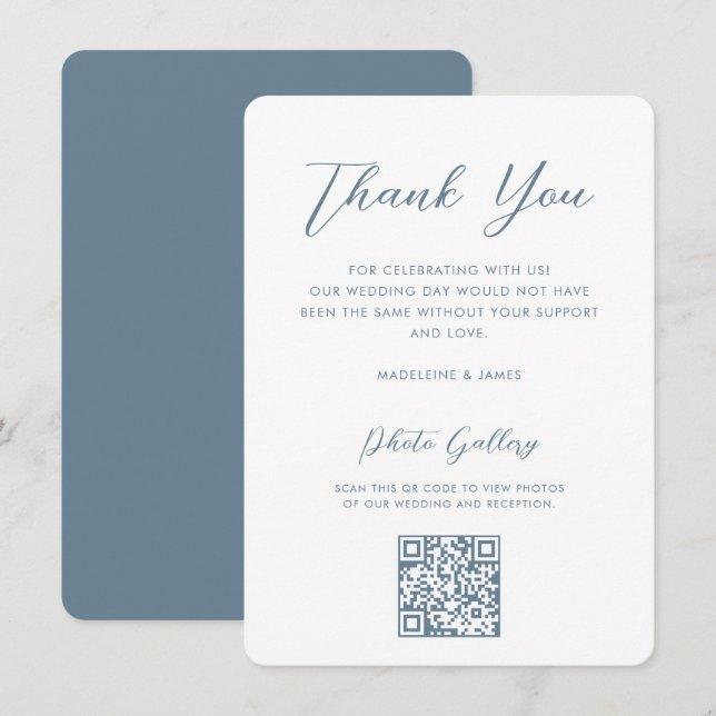 Galleri för Online av elegant Blue Script QR Bröll Tack Kort (Fram/baksida)