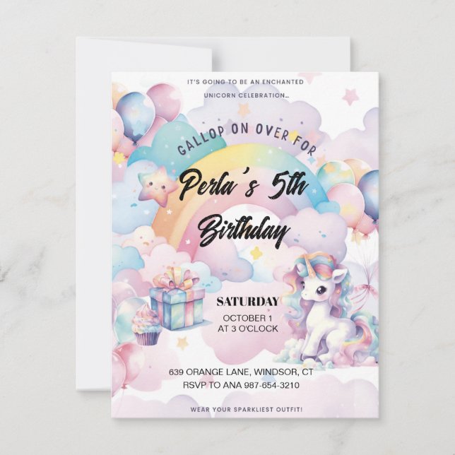 Gallop on Over the Rainbow unicorn Invitation  OSA Kort (Framsida)