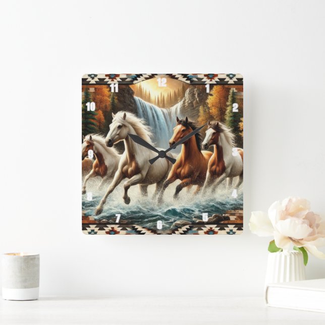 Galloping Horse Cascading Waterfall Fyrkantig Klocka (Hem)