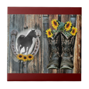 Galloping Horse Cowboy Boots Horseshoe Sunblommor Kakelplatta