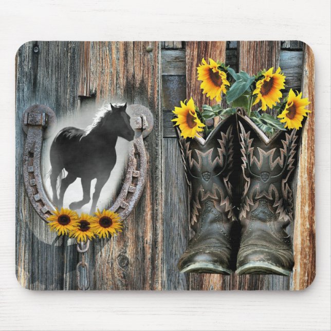 Galloping Horse Cowboy Boots Horseshoe Sunblommor Musmatta (Framsidan)