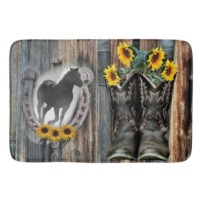 Galloping Horse CowboyBoots Horseshoe Sunblommor Badrumsmatta (Framsidan)