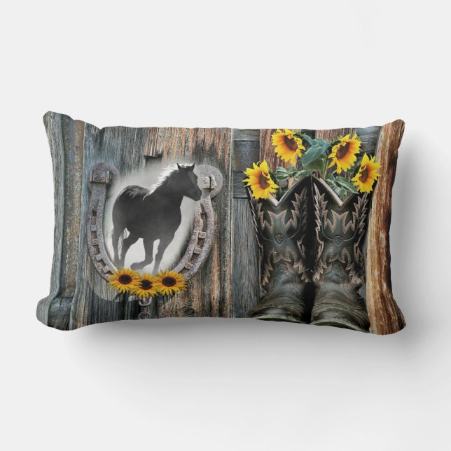Galloping Horse CowboyBoots Horseshoe Sunblommor Lumbarkudde (Framsida)