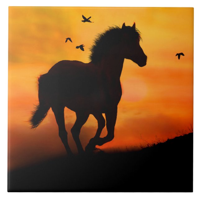 Galloping Horse in Sunset with Birds nature Kakelplatta (Framsidan)