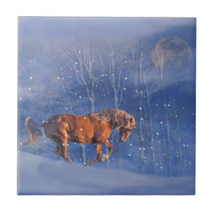 Galloping Horse och Måne i Snö Art Tile Kakelplatta