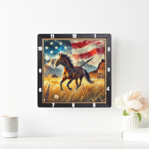 Galloping Horse Patriotic Fyrkantig Klocka