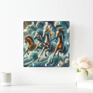 Galloping Horses in Ocean Art Fyrkantig Klocka