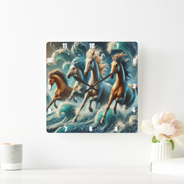 Galloping Horses in Ocean Art Fyrkantig Klocka (Hem)