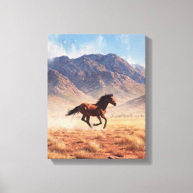 Galloping Mustang Desert Mountain Art Canvastryck (Framsida)