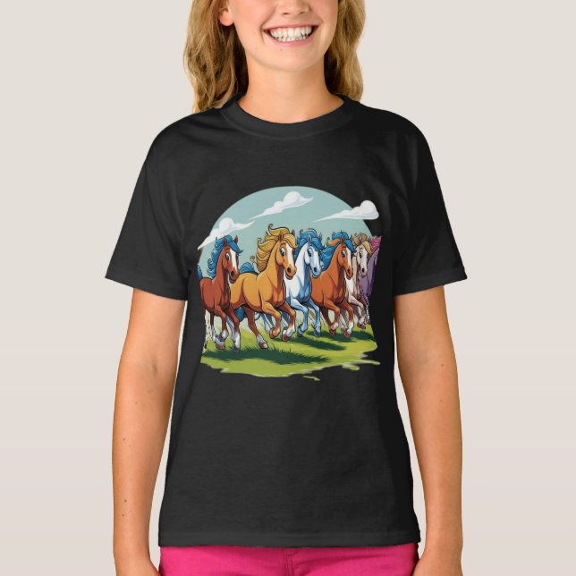 Galloping Tecknad Horses - Animerad Herd T Shirt (Framsida)