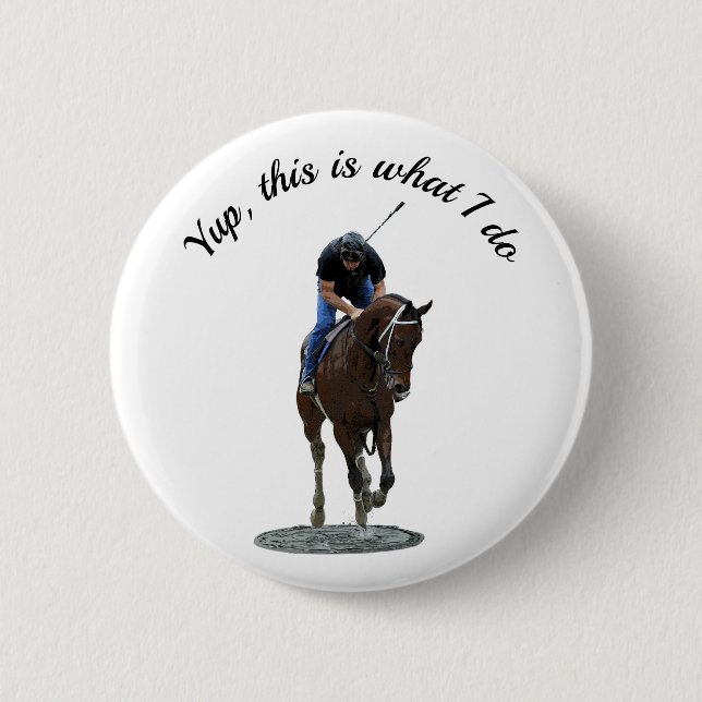 Galloping Thoroughborn Horse and Rider Pin Button Knapp (Framsida)
