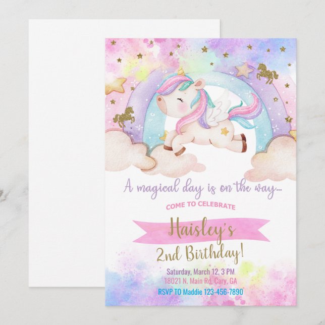 Galloping Unicorn Flickans magiska födelsedag inbj Inbjudningar (Fram/baksida)