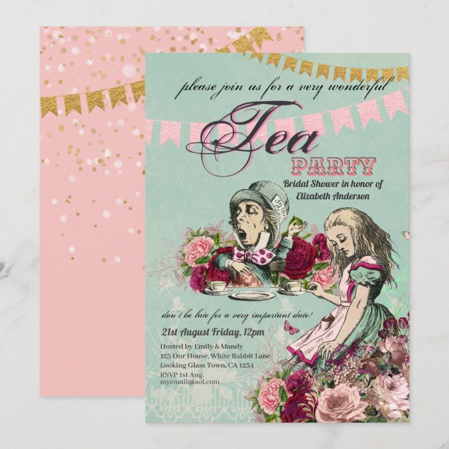Galna Hattens Alice Vintage Tesalong Bröllopsdusch Inbjudningar (Fram/baksida)