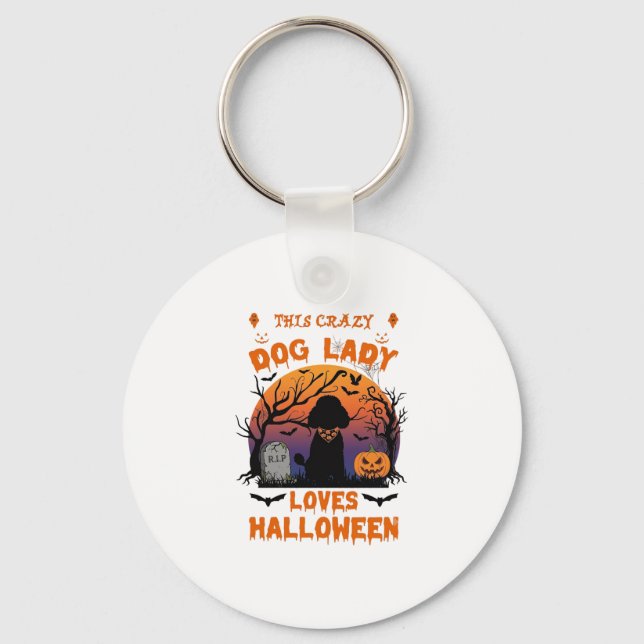 Galna Hunddam Halloween Poodle Pumpa Gravsten Nyckelring (Framsida)