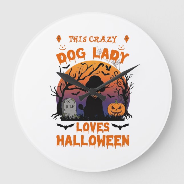 Galna Hunddam Halloween Poodle Pumpa Gravsten Stor Klocka (Framsida)