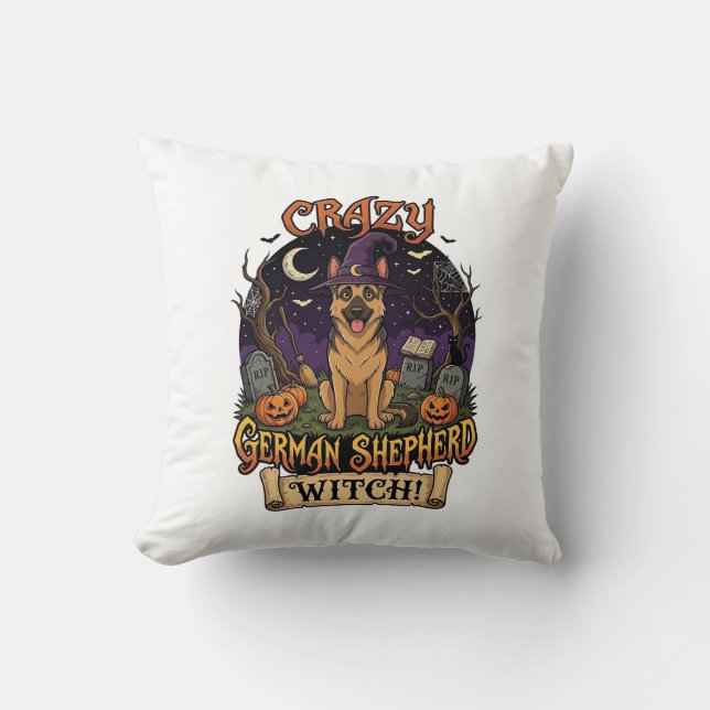 Galna tyska schäferhäxor Halloween hund pumpor Kudde (Framsida)