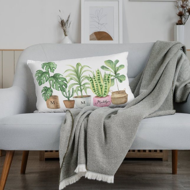 Galna Växtdamen | Eleganta Krukväxter Akvarell Lumbarkudde (Skapare uppladdad)