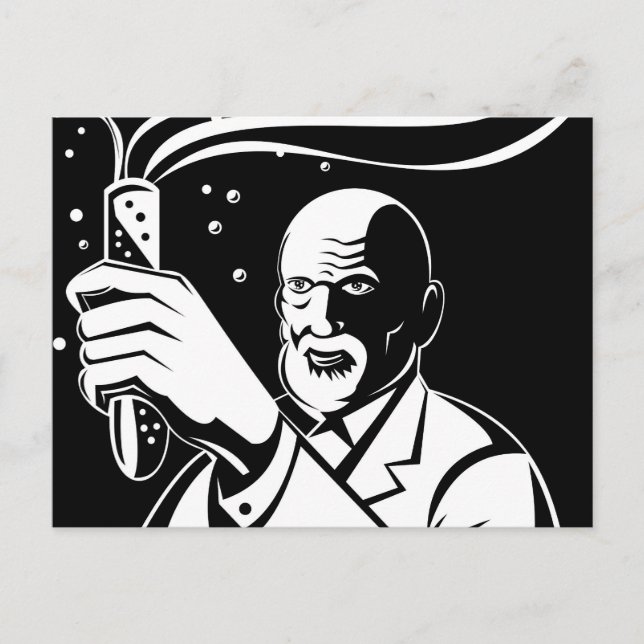 Galna vetenskapsmän som håller upp provröret vykort (Framsida)