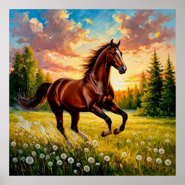 Galopperande häst i ett blommigt fält poster (Framsidan)