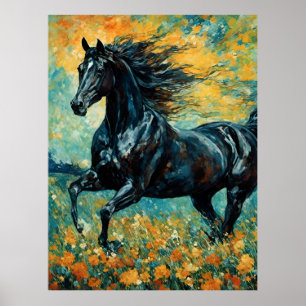 Galopperande svart hingst poster