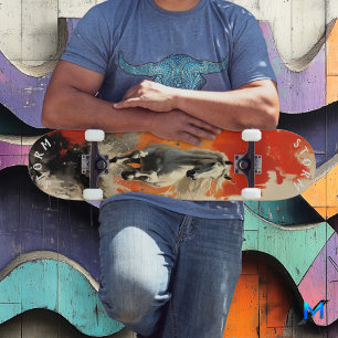 Galopperande vit hingst i eldig solnedgång, Retro Mini Skateboard Bräda 18,5 Cm