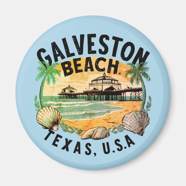 Galveston Beach Retro Vignette Magnet (Framsidan)