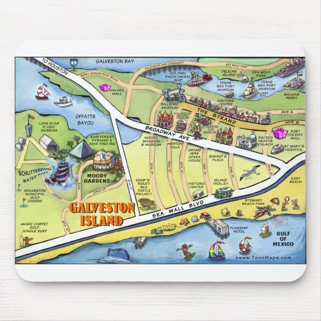 Galveston Texas Tecknad Karta Musmatta (Framsidan)