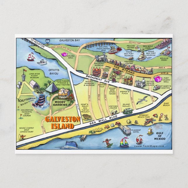 Galveston Texas Tecknad Karta Vykort (Framsida)