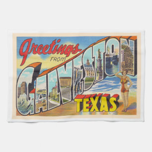 Galveston Texas TX Vintage Large Brev vykort Kökshandduk