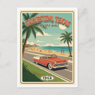 Galveston TX Retro Seawall 1950-tal Vykort