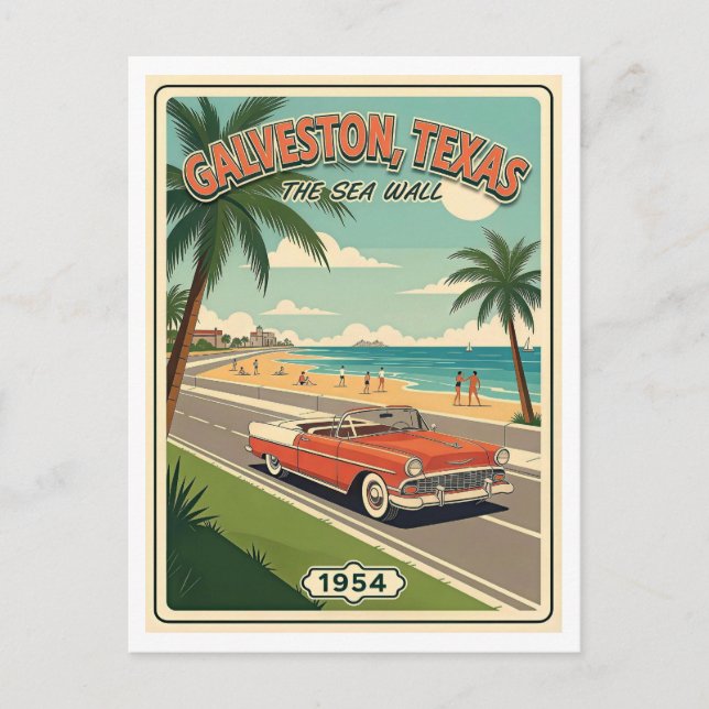Galveston TX Retro Seawall 1950-tal Vykort (Framsida)