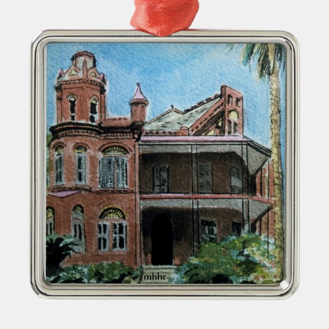 Galveston vattenfärg, 1886 Landes-McDonough hus Julgransprydnad Metall (Framsidan)
