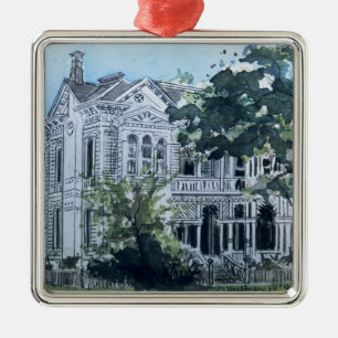 Galveston vattenfärg, Jacob Sonnethiel hus 1887 Julgransprydnad Metall